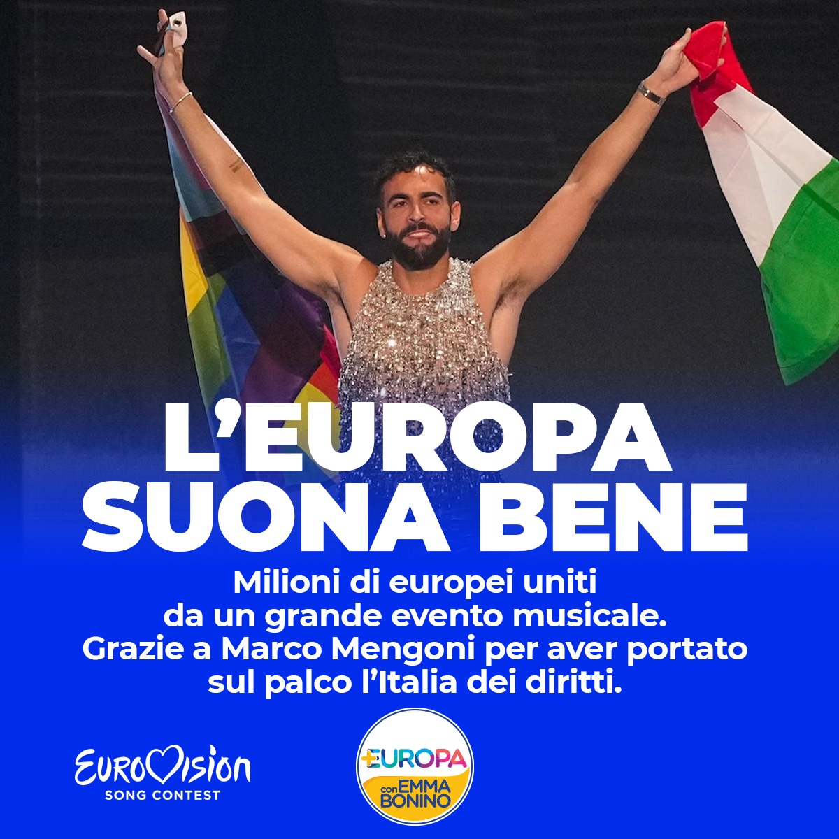 Piu_Europa's tweet photo. Ogni anno Eurovision tiene incollati al televisore milioni di cittadini europei, tanti giovanissimi e non solo. 

La manifestazione, nata dall’idea del giornalista italiano Sergio Pugliese dopo la Seconda Guerra Mondiale, punta ad unire i popoli con la musica su modello del Festival di Sanremo. 

Così l'Eurovision Song Contest ogni anno diventa un manifesto dei valori che l’Europa rappresenta nel mondo: inclusione, umanità, solidarietà e fratellanza. 

Il gesto di Marco Mengoni di portare sul palco la bandiera dell’orgoglio LGBTIQ+ assieme a quella italiana, proprio ora che al Governo c’è una destra che quei valori li contrasta, dimostra che un’Italia aperta ai diritti e alle libertà esiste, che lotta ogni giorno per sentirsi davvero europea. 

Questa Europa è la nostra patria, questa è la nostra Italia. 

#Esc #EscITA