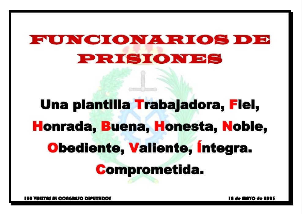 100 vueltas al <a href="/Congreso_Es/">Congreso</a> 
18 de Mayo Del 2023. 
00:00 H.
#sosprisiones #mitrabajotuseguridad <a href="/APFP_ES/">@apfp_es</a> 
<a href="/IIPPGob/">Instituciones Penitenciarias</a> 
<a href="/interiorgob/">Ministerio del Interior</a> <a href="/A3Noticias/">Antena 3 Noticias</a> <a href="/gpscongreso/">PSOE Congreso</a> <a href="/ppopular/">Partido Popular</a> <a href="/VOX_Congreso/">Grupo Parlamentario de VOX en el Congreso</a> <a href="/PODEMOS/">Podemos</a> <a href="/telecincoes/">Telecinco</a> <a href="/europapress/">Europa Press</a> <a href="/okdiario/">okdiario.com</a> <a href="/elprogramadear/">El Programa de Ana Rosa</a> <a href="/elespanolcom/">EL ESPAÑOL</a> <a href="/h50digital/">h50.es</a>