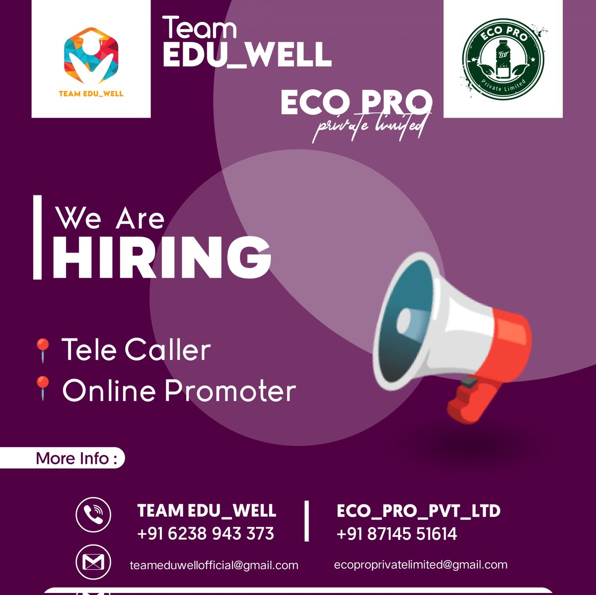 teameduwell's tweet photo. WE ARE HIRING 📢 
TELE CALLER 📞
DIGITAL PROMOTER 📱
We Are Looking To Good Efficient Candidates
For Two Companies
• ECO PRO PRIVATE LIMITED
   Making Eco Products
• TEAM EDU_WELL
   Making professional trainers
#teameduwell 
#ecoproprivatelimited 

Apply Now 📬 https://t.co/JJ2OHPVFGW