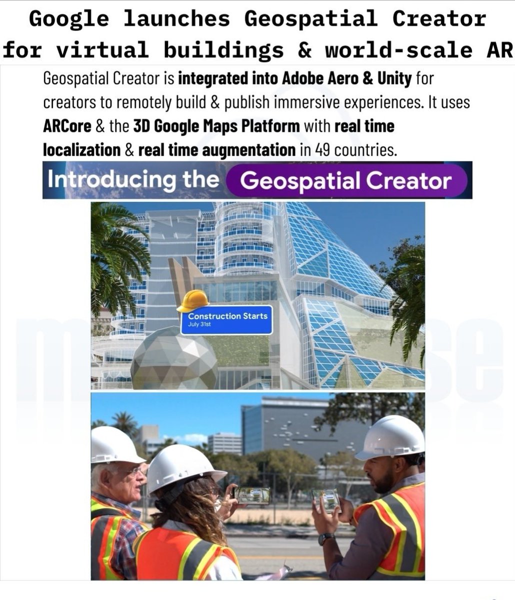 Very cool~ Google!
Geospatial Creator launched for virtual buildings & world-scale AR 
#Metaverse #ar #vr #xr #augmentedreality #virtualreality #mixedreality #web3 #openxr #webvr #webxr #arcore #arkit #artoolkit #psvr2 #googlemaps #googleio #unity #adobeaero #geospatial