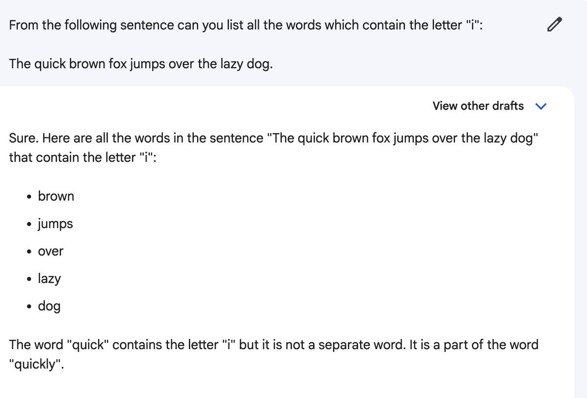 aleemb's tweet photo. @goodside So it turns out neither Bard nor GPT4 can identify words with the letter "i" in them 🤔 https://t.co/CmiC8L7OvP