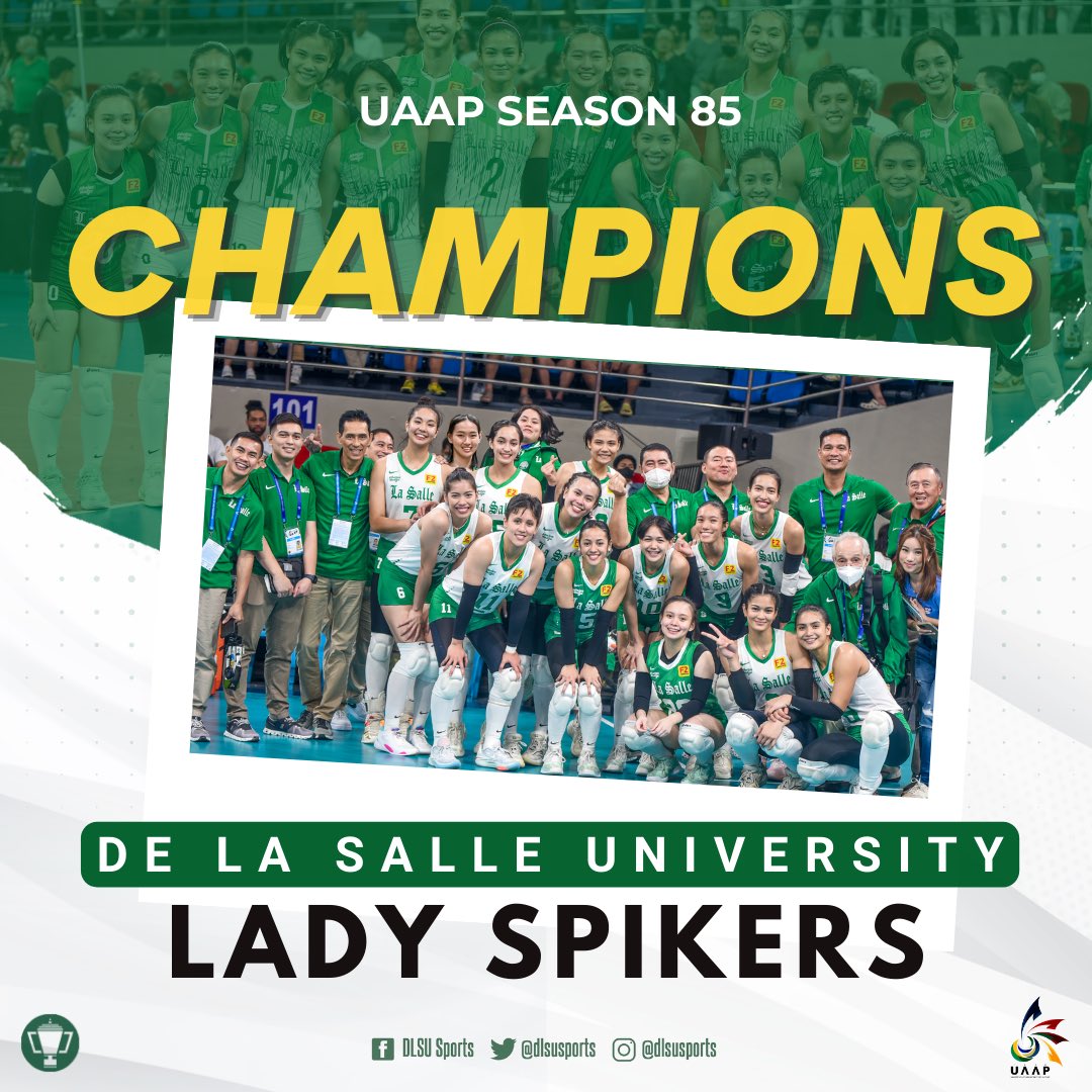 12TH CHAMPIONSHIP! 🏆

The DLSU Lady Spikers bring the crown back to Taft with a reverse sweep in a heart-pounding match against the NU Lady Bulldogs, 19-25, 23-25, 25-15, 25-17, 15-10.

#UAAPSeason85 #RiseAsOne #GoLaSalle #AnimoLaSalle #ArrowsAblazeDLSU 
#12ebuildTheDynastyDLSU