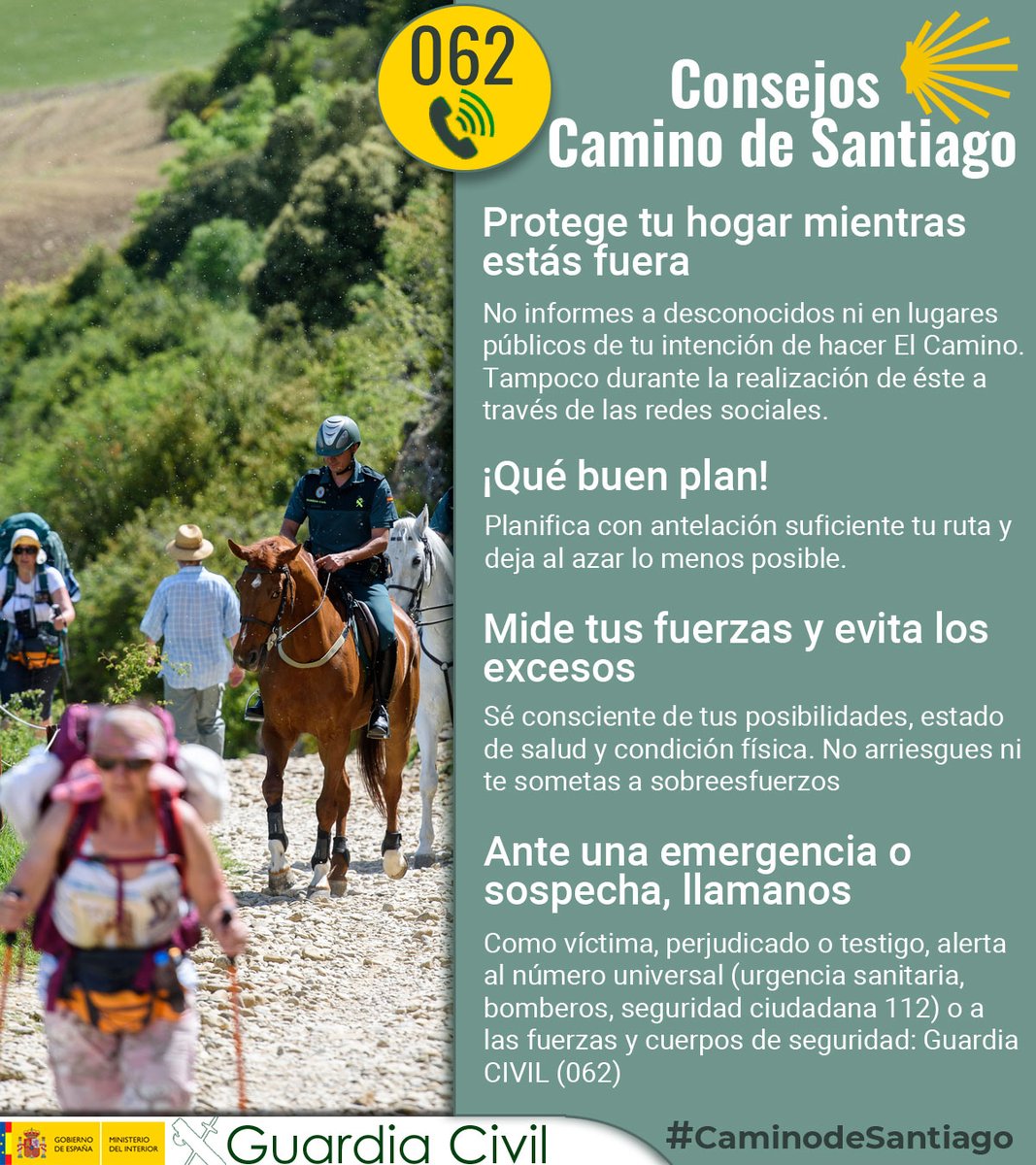 guacivilCordoba's tweet photo. Si decides hacer el #CaminodeSantiago planif��calo todo con antelación, para evitar imprevistos.
Mide tus fuerzas y ante cualquier sospecha o emergencia: llámanos 📞 062 #Alercops @guacivilCordoba @guardiacivil https://t.co/aWLMDSURtO