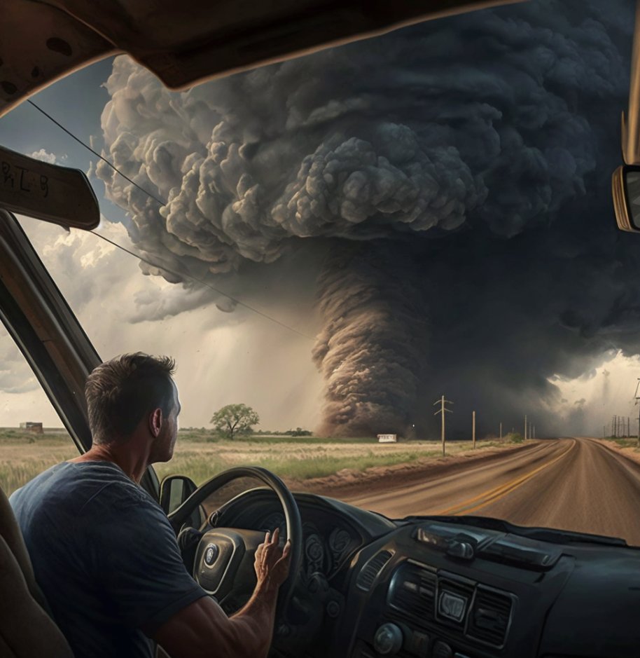 grehg's tweet photo. I asked AI to generate an image of @ReedTimmerAccu chasing a tornado🌪️.  It did not disappoint.  #aigeneratedart #Tornado #midjourney https://t.co/M4HQ9AYQwI