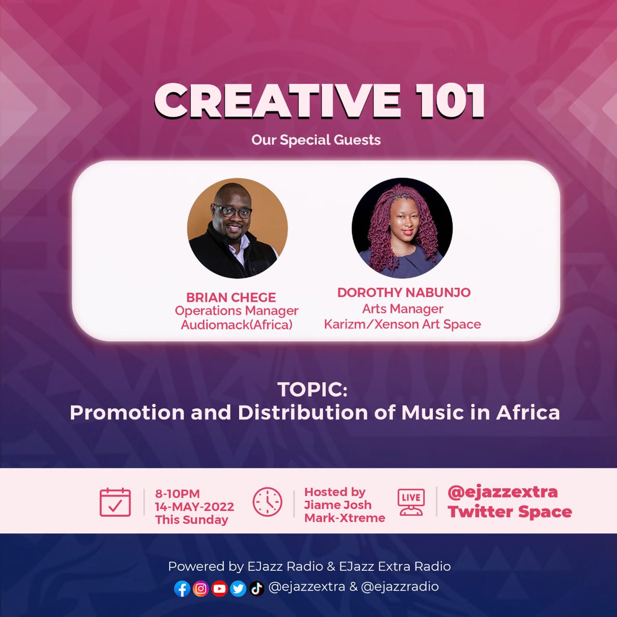 Postdator's tweet photo. Tonight on the #Creative101 space we have special guests @audiomackafrica & @DorothyNabunjo
Tune in to @EJazzextra twitter space from 8-10PM๐ฅ๐ฅ
The space is always hosted by @jiamejosh and @XtremeBpm https://t.co/tt144vEOg6