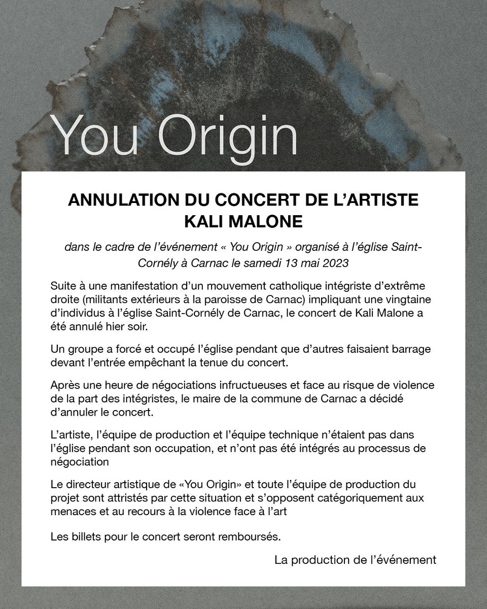 Hydrophone56's tweet photo. Suite aux événements d’hier soir ayant entraîné l’annulation du concert de Kali Malone à Carnac. @bureauplato @lechonova @stephenomalley74 @IdeologicOrgan https://t.co/fwSSrSlcDm
