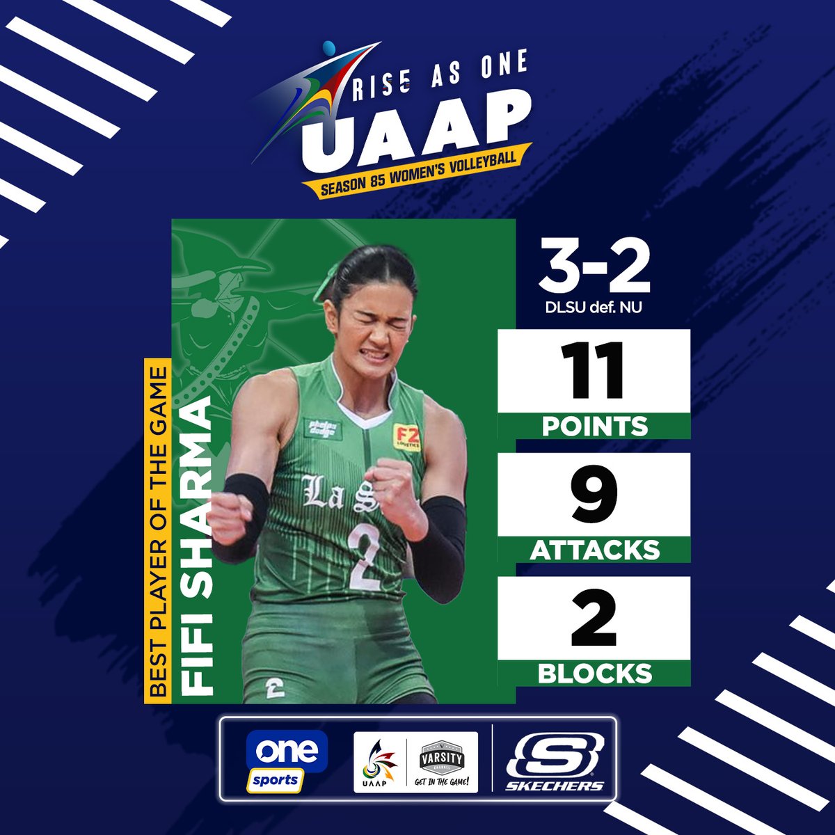 OneSportsPHL's tweet photo. The DLSU champion blood runs through the Sharma family name. Fifi Sharma helps the Lady Spikers reclaim their place at the top 💚

#UAAPSeason85 #RiseAsOne https://t.co/rBaJ6dhbYg