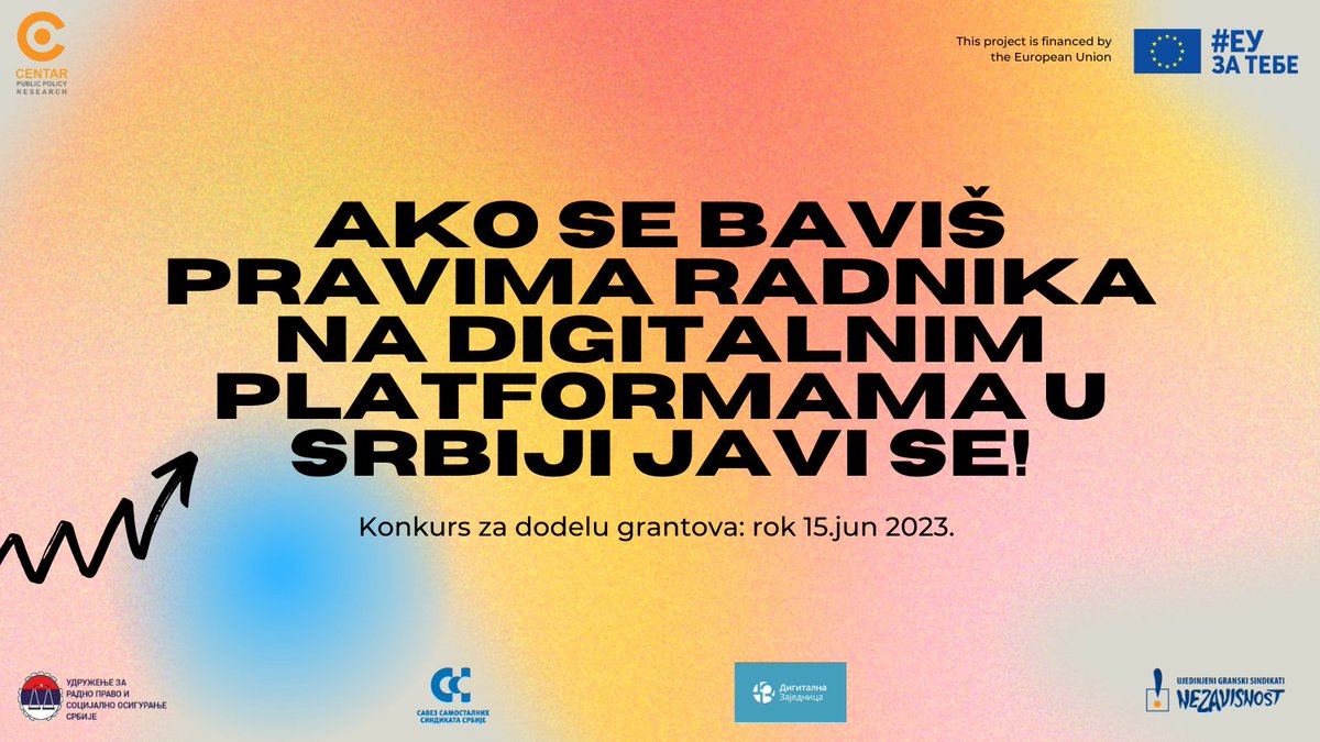 dzsrbije's tweet photo. Ako ste NVO,medij,umetnički kolektiv,asocijacija iz 🇷🇸 a uz to i za prava radnika na digitalnim 📷platformama, ovo je za vas. Za 3-5 grantova
@PublicPolicyRS
+partneri organizuju konkurs📷Rok trajanja predloženih projekata: max do 12 meseci https://t.co/SfYpSvIGjn