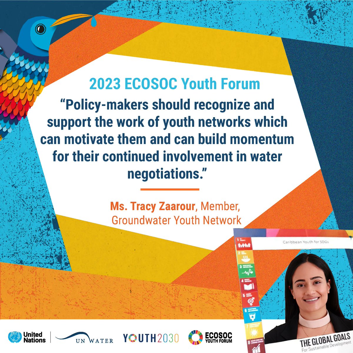 UN_Water's tweet photo. #Quote from #Goal6 event hosted on 25 April during the #ECOSOC Youth Forum.

💦 Water for Health and Cooperation: Youth Priorities, Challenges, and Success Stories 💦 https://t.co/kCxyckPvTC