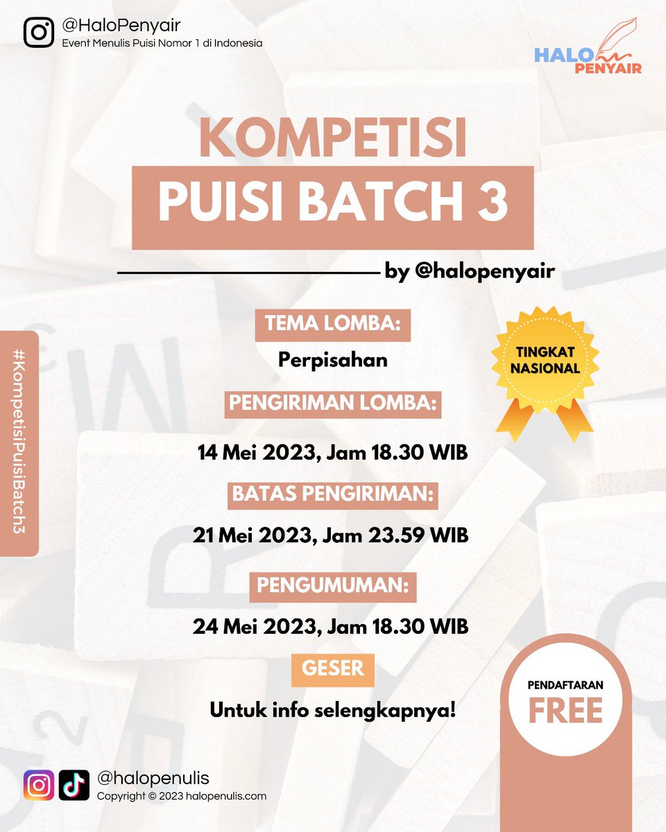 detak_pustaka's tweet photo. Sudah dibuka event PUISI batch 3 dari @HaloPenulis 😍
Daftarnya GRATIS loh, yuk segera daftar. Cara daftarnya mudah banget!!!
Caranya klik link: https://t.co/qMbLVlZSfO
#MothersDay #event #eventpuisi #eventmenulis #lombamenulis https://t.co/hKS6z4yDZE