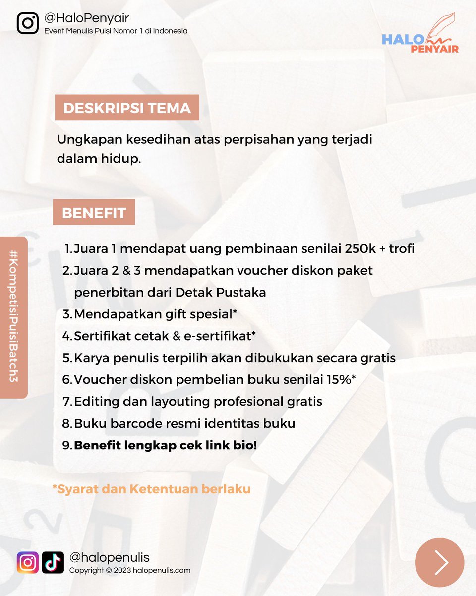 detak_pustaka's tweet photo. Sudah dibuka event PUISI batch 3 dari @HaloPenulis 😍
Daftarnya GRATIS loh, yuk segera daftar. Cara daftarnya mudah banget!!!
Caranya klik link: https://t.co/qMbLVlZSfO
#MothersDay #event #eventpuisi #eventmenulis #lombamenulis https://t.co/hKS6z4yDZE