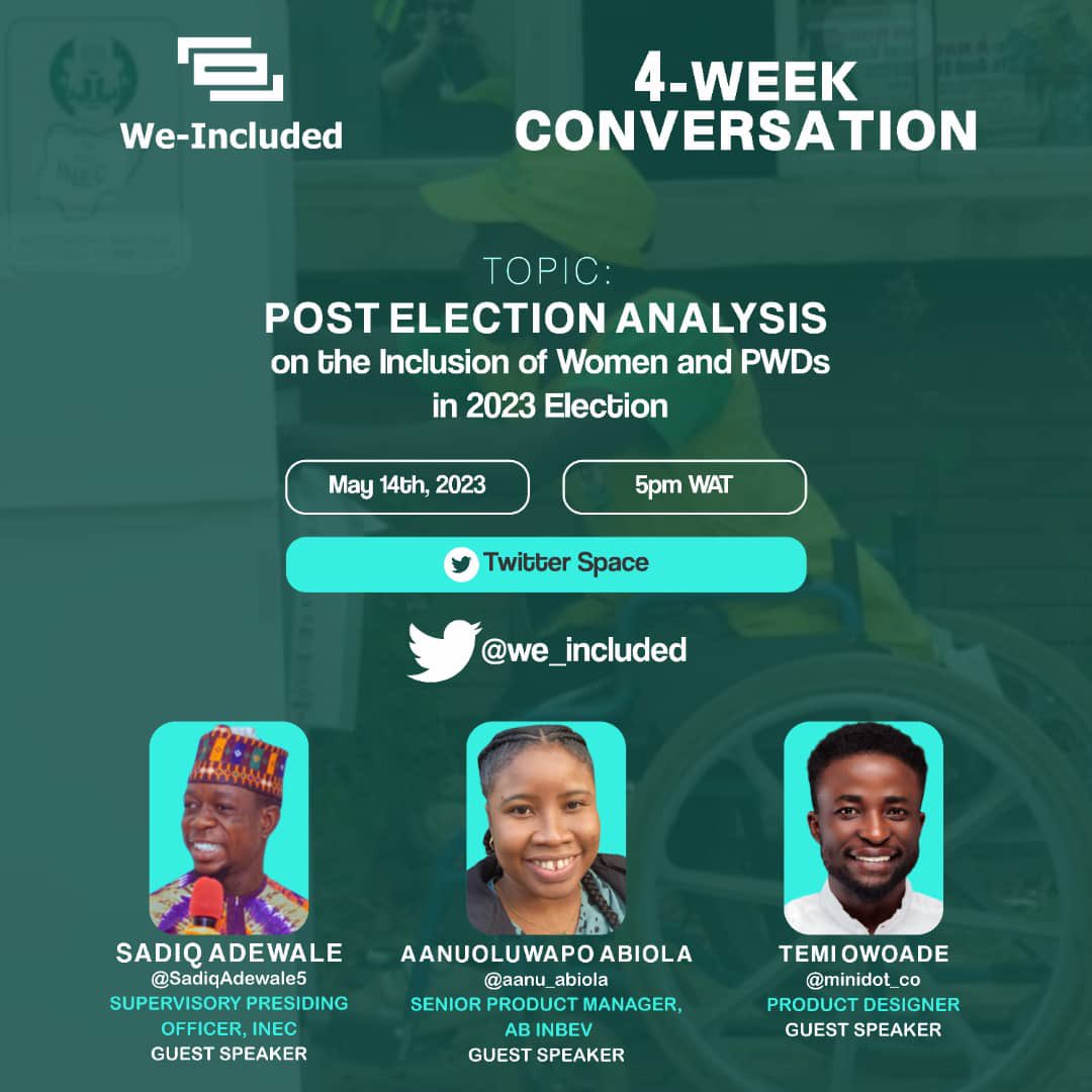 We_included's tweet photo. Join us this evening by 5 pm as we host @sadiqadewale5, @aanu_abiola, and @minidot_co to discuss the impact of technology on Nigeria's 2023 elections.

Set a reminder and join us! https://t.co/Q4tmxAzkS2 https://t.co/Jriq8j3Huk