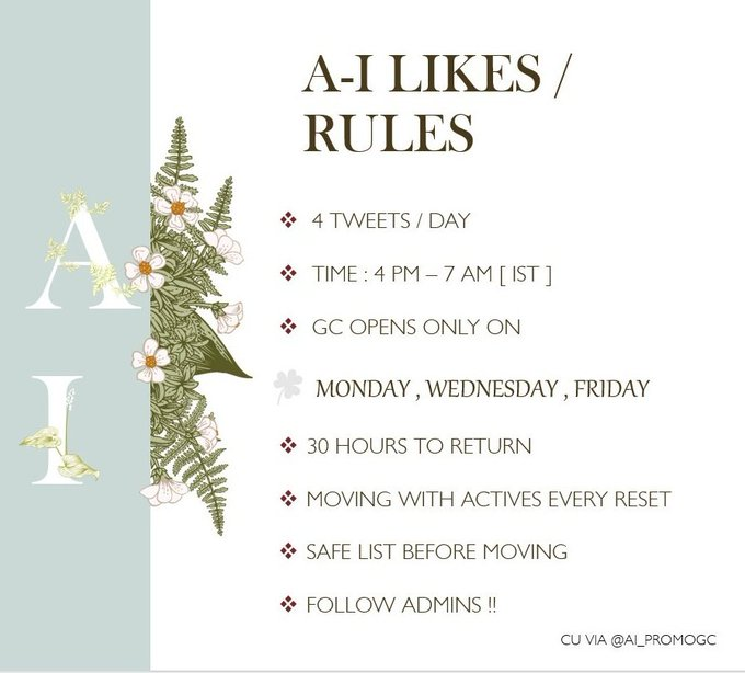 A-I LIKES GC || RECRUITING NEW MEMBERS ‼️ 

» MULTI FANDOM 
» OPEN DMs 
» 4 PLUGs  
» MUST FOLLOW
@AI_PROMOGC
» 60 - 65 LIKES  !💯

‼️ RT &amp; REPLY @ TO BE ADDED ❤️‍🔥
 #A_IpromoGC #A_IlikeGC #A_IfavGC