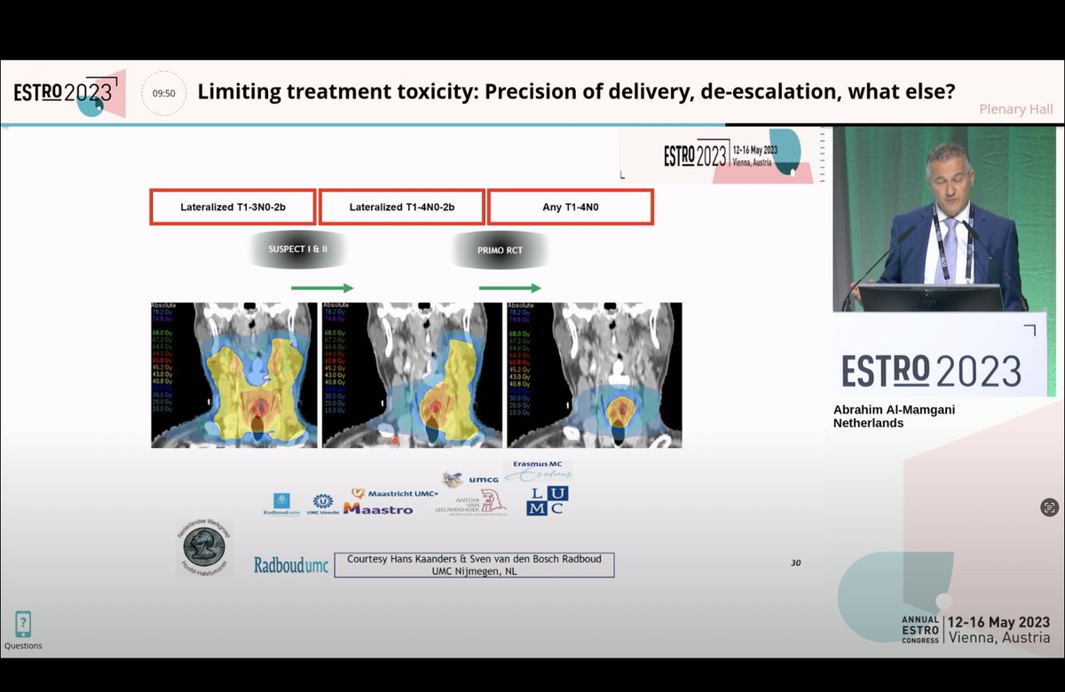 Abrahim Al-Mamgani at #ESTRO23 on unilateral ENI to reduce toxicity in HNSCC of oro/hypopharynx and larynx:
- SPECT-guided ENI reduced significantly toxicity wit only 2% cRF;
- by adding SNP 91% of patients could be treated with one side ENI;
- SNP-guided RT to be explored in CRT