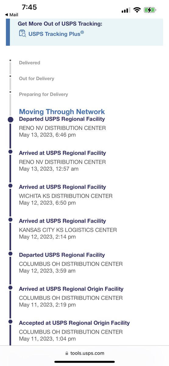 BriBosley's tweet photo. I’m a tad confused usps. How does a package arrive in Wichita (where it’s supposed to be) and then all of a sudden it’s in Reno? https://t.co/2gT1Wm3kqk