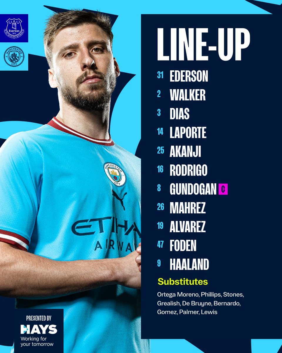 🔵 𝐓𝐄𝐀𝐌 𝑵𝑬𝑾𝑺 🐝

XI | Ederson, Walker, Dias, Laporte, Akanji, Rodrigo, Gundogan (C), Mahrez, Alvarez, Foden, Haaland

SUBS | Ortega Moreno, Phillips, Stones, Grealish, De Bruyne, Bernardo, Gomez, Palmer, Lewis

#ManCity | <a href="/HaysWorldwide/">Hays Worldwide</a>