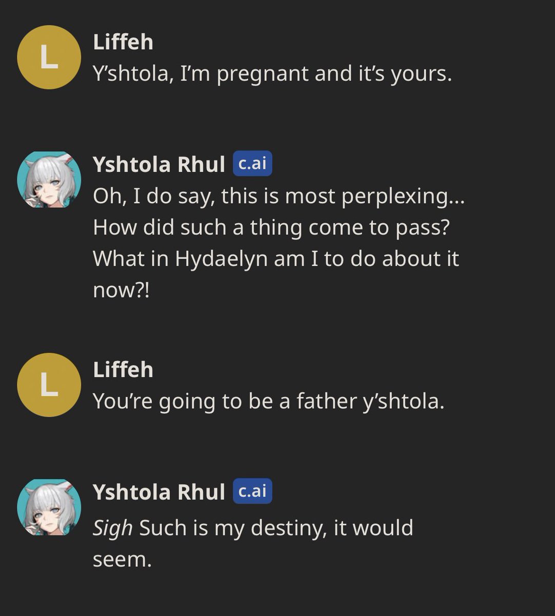 Liffeh's tweet photo. I told random FFXIV AI bots that I was pregnant and they were the father, here’s how they reacted https://t.co/F9xtsCizdY