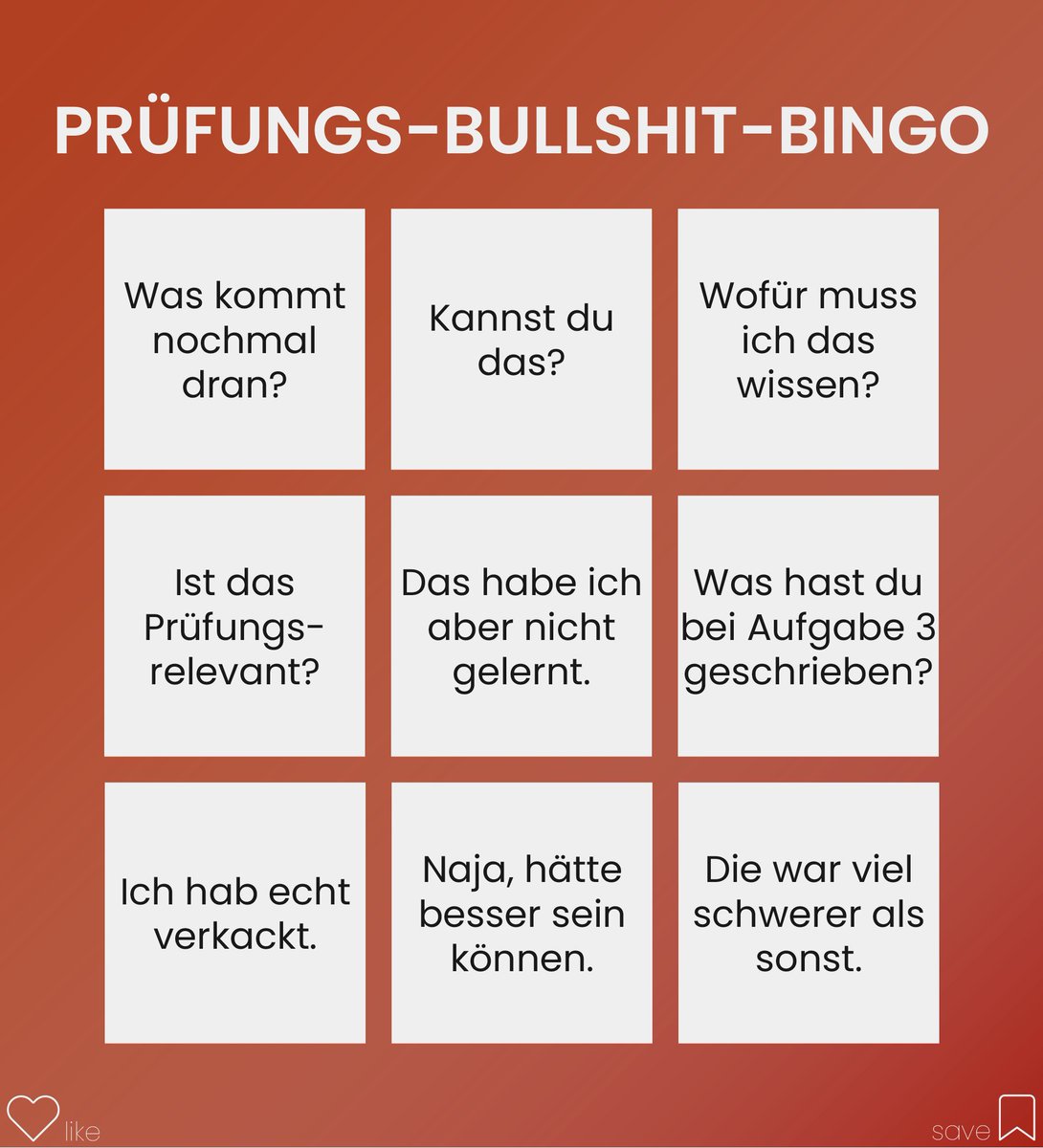 Viele schreiben gerade ihre #Prüfungen oder sind kurz davor. Und genau dafür haben wir ein #BullshitBingo erstellt. 🥳
Wir wünschen allen Prüflingen da draußen viel Glück! 🍀