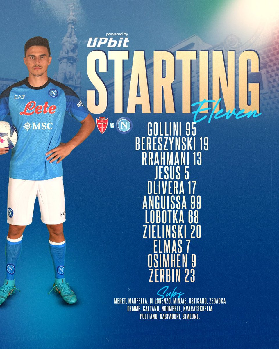 sscnapoli's tweet photo. 📃 I NOSTRI 11: Gollini, Bereszynski, Rrahmani, Jesus, Olivera, Anguissa, Lobotka, Zielinski, Elmas, Osimhen, Zerbin.

#MonzaNapoli
💙 #ForzaNapoliSempre https://t.co/rMFxFsJ7AS