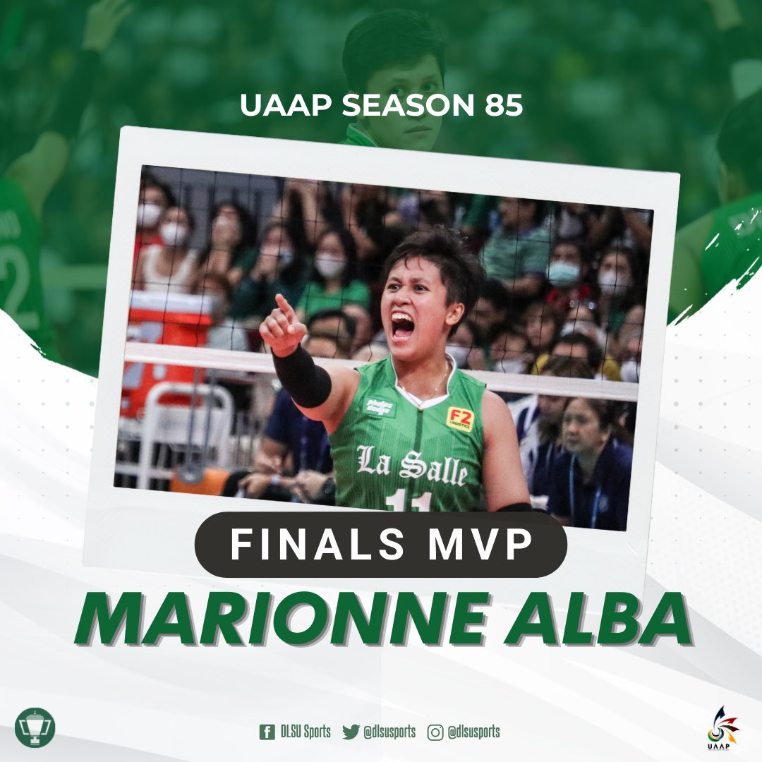 dlsusports's tweet photo. Ladies and gentlemen, YOUR FINALS MVP! 🫡

Showcasing her spectacular performance this Finals series, Mars Alba reigns as #UAAPSeason85 Finals Most Valuable Player! 💚

#RiseAsOne #GoLaSalle #AnimoLaSalle #ArrowsAblazeDLSU 
#12ebuildTheDynastyDLSU https://t.co/qazghnWOfY