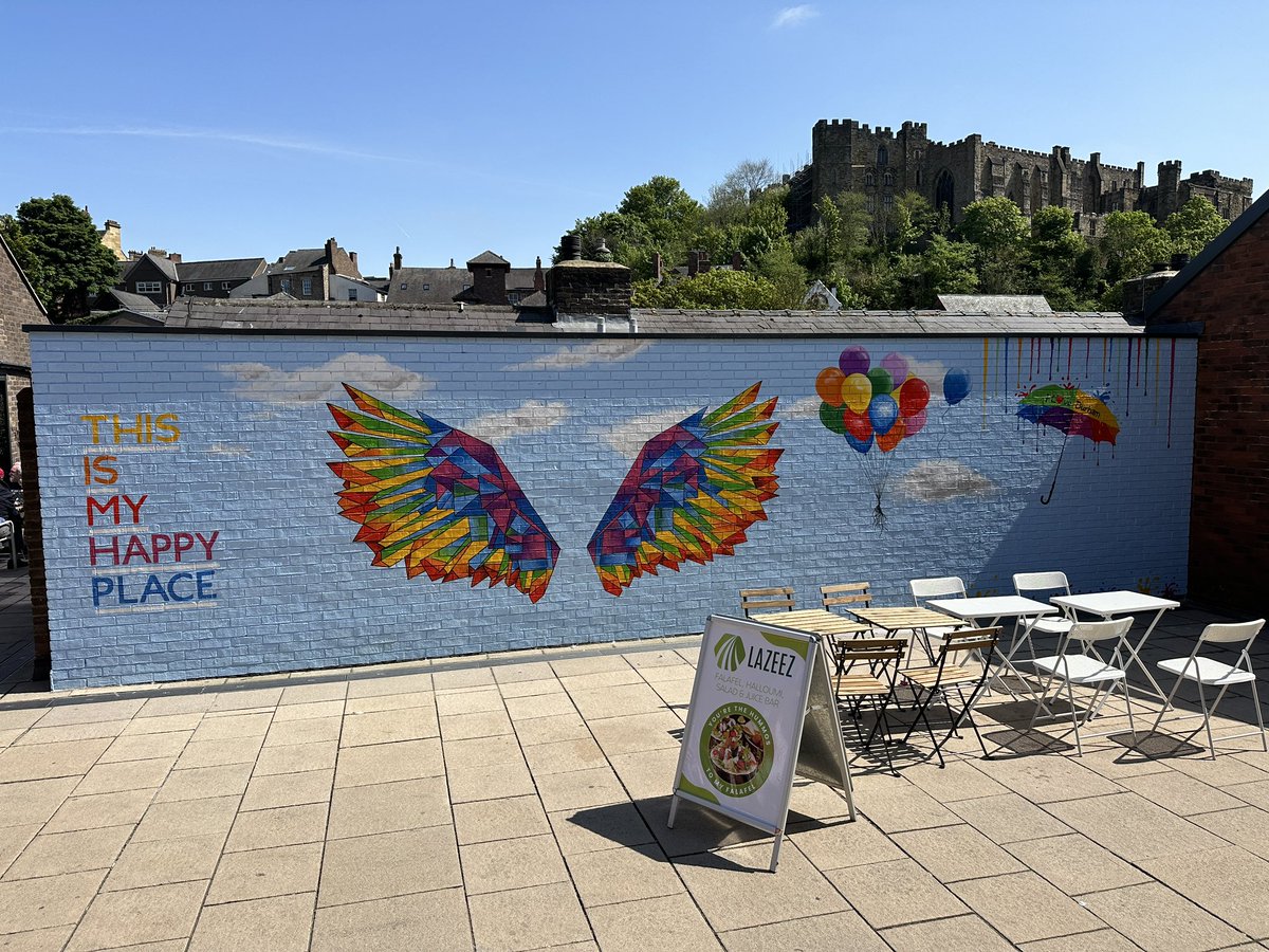CustomArtwerk's tweet photo. Great to be back working outside again @DurhamRiverwalk thanks to all the public for the ❤️it was a pleasure to add a splash of colour to a bland wall 
#mural #muralpainter #art #durham https://t.co/W0GBZ6qdFT