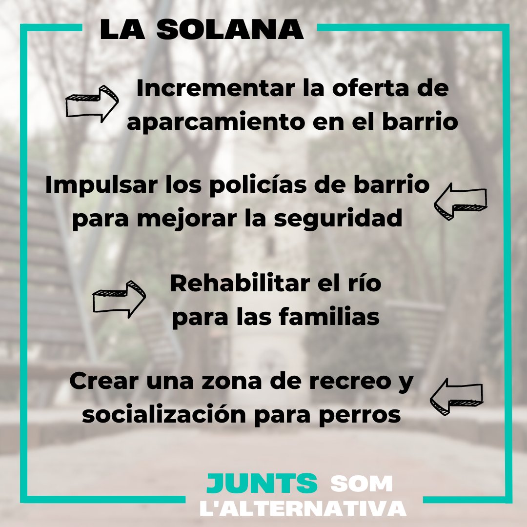Les nostres propostes pel barri de la Solana:

🅿Incrementar l'oferta d'aparcament al barri.

👮‍♂️Impulsar els policies de barri per millorar la seguretat.

🛤Rehabilitar el riu per a les famílies.

🐶Crear una zona d'esbarjo i socialització per a gossos.

Junts som l'alternativa!