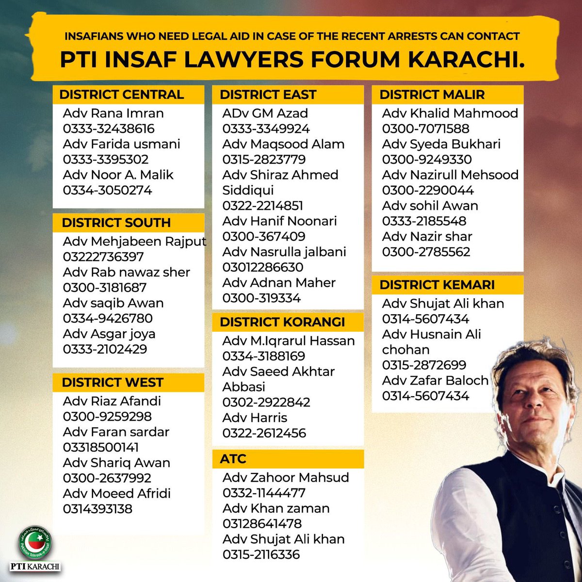 Karachi: those who need legal aid &amp; assistance in case of the recent arrests/abductions, please contact PTI lnsaf Lawyers Forum Karachi: #آئین_بچاؤ_پاکستان_بچاؤ