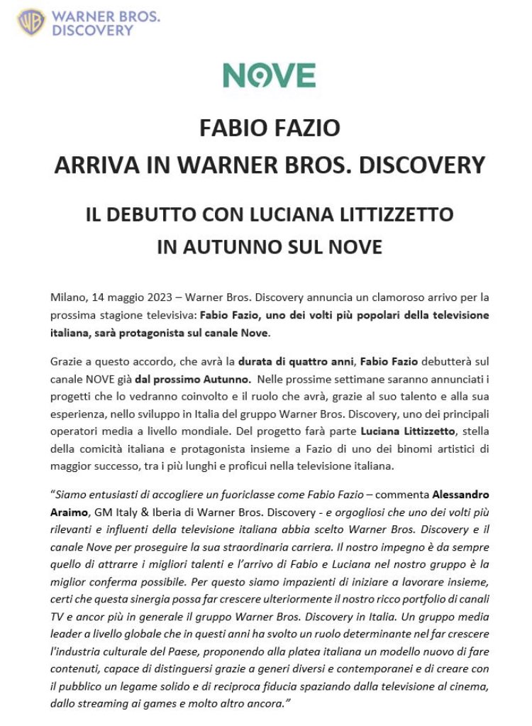 DiscoveryItalia's tweet photo. @fabfazio arriva in #WarnerBrosDiscovery 
Il debutto con @lucianalitti in autunno sul @nove https://t.co/WJRaOILiW0