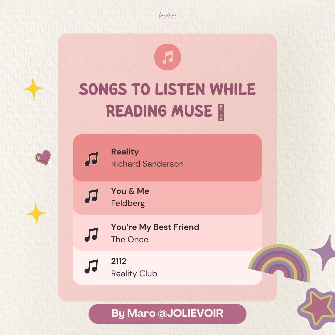 LavinaPublisher's tweet photo. H-1 CLOSE ORDER MUSE‼️
Apakah sudah siap peluk couple #NaKalAbiez

Jangan lupa siapin playlist untuk menemanimu baca MUSE by @JOLIEVOIR 
Ini ada saran-saran lagu versi Kak maro buat kalian-kalian anak anak manizzz 
Yang belum PO buruan ikut PO nya yaaaaaa ‼️‼️❤️ https://t.co/qoZ8uOuIYu