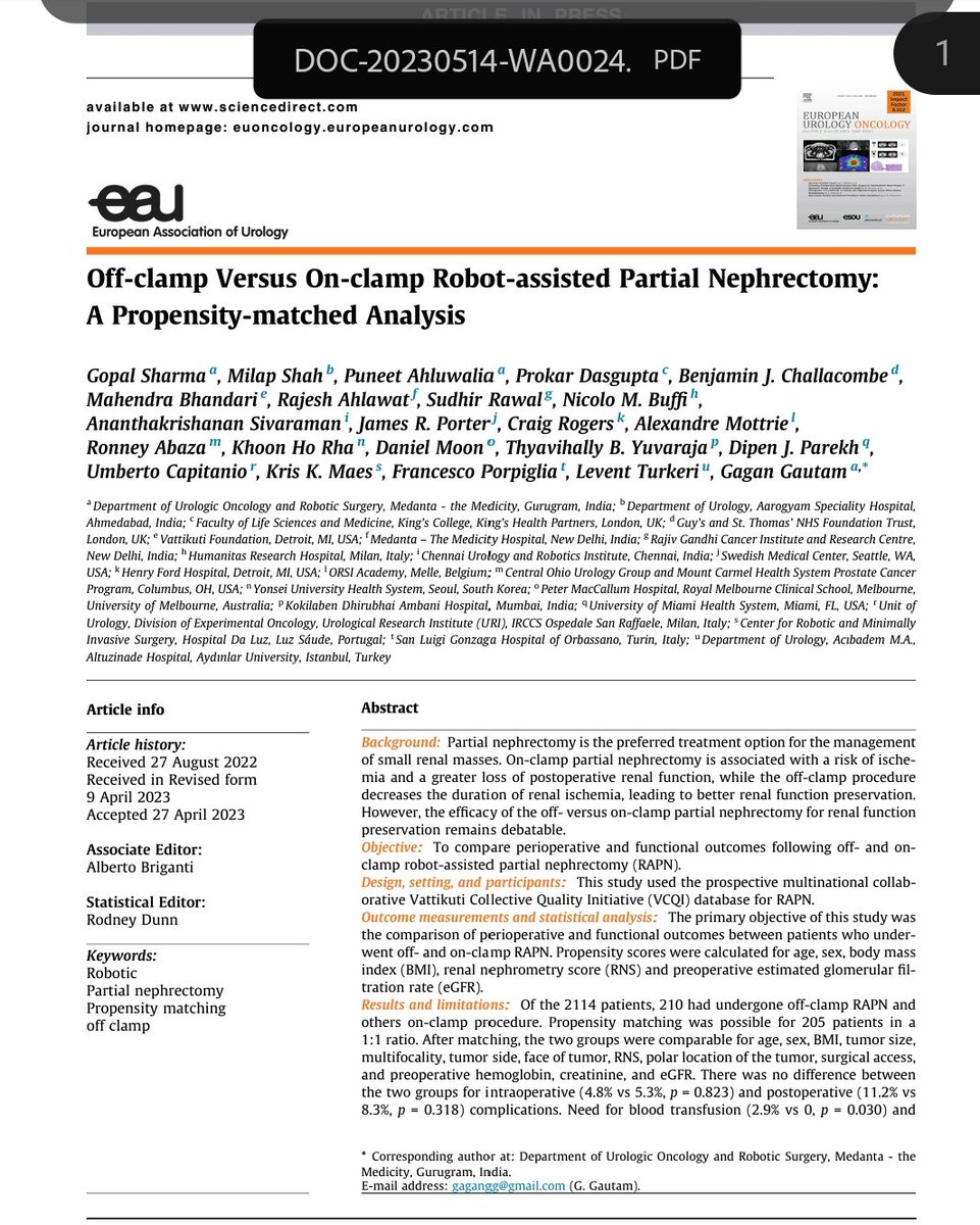 Extremely delighted to share publication of our multicentric study in EU Onco.
 
Summary: off- clamp RAPN is not associated with better functional outcomes albeit it is associated with increased rates of conversion to radical nephrectomy and need for blood transfusion.