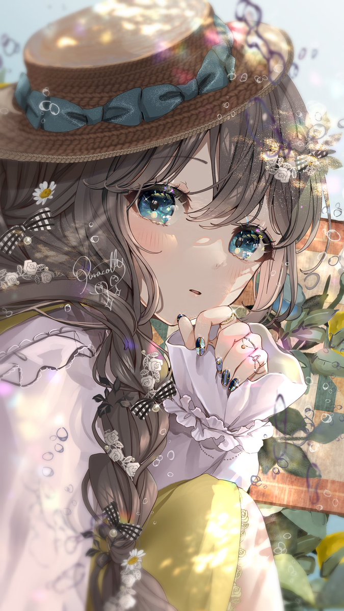 1girl solo hat looking at viewer braid blue eyes frilled sleeves  illustration images