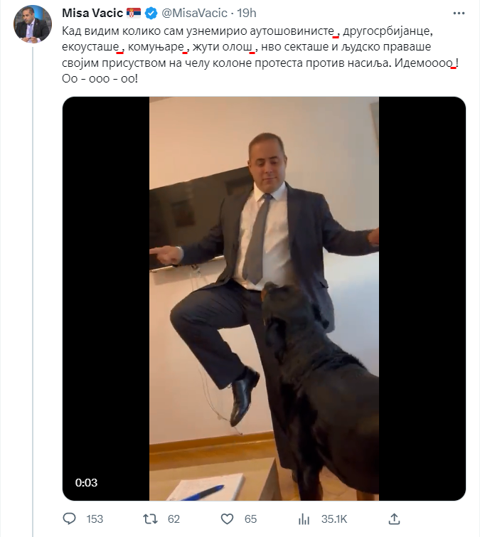 SerbianInfidel's tweet image. Uznemirujuće je to što osoba Vacić Miša igra (recimo) dok opisuje svoje prisustvo na skupu protiv nasilja, a zbog masovnih ubistava 3. maja.

To je pitanje njegovog moralno nakaznog karaktera.

Dodatno uznemirenje je doživeo i pravopis srpskog jezika, ali to je rešivije... možda.