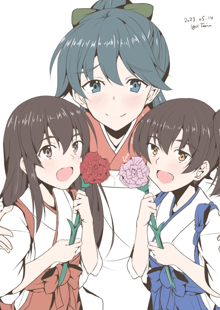 akagi (kancolle) ,houshou (kancolle) ,kaga (kancolle) multiple girls 3girls japanese clothes tasuki flower brown hair long hair  illustration images