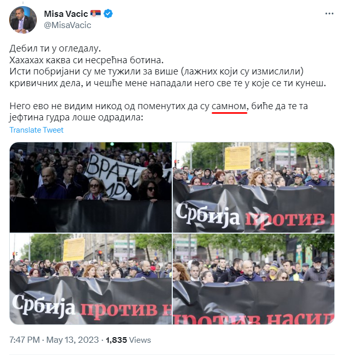 SerbianInfidel's tweet image. Uznemirujuće je to što osoba Vacić Miša igra (recimo) dok opisuje svoje prisustvo na skupu protiv nasilja, a zbog masovnih ubistava 3. maja.

To je pitanje njegovog moralno nakaznog karaktera.

Dodatno uznemirenje je doživeo i pravopis srpskog jezika, ali to je rešivije... možda.