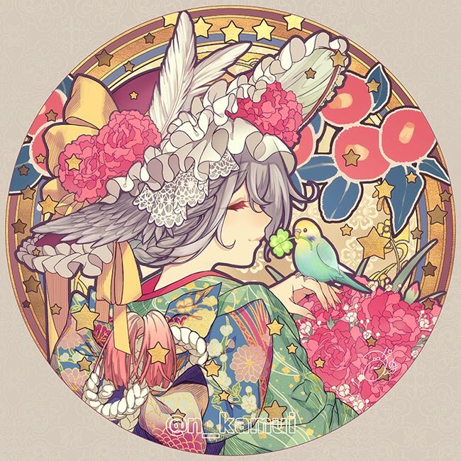 1girl flower bird kimono japanese clothes closed eyes bird on hand  illustration images