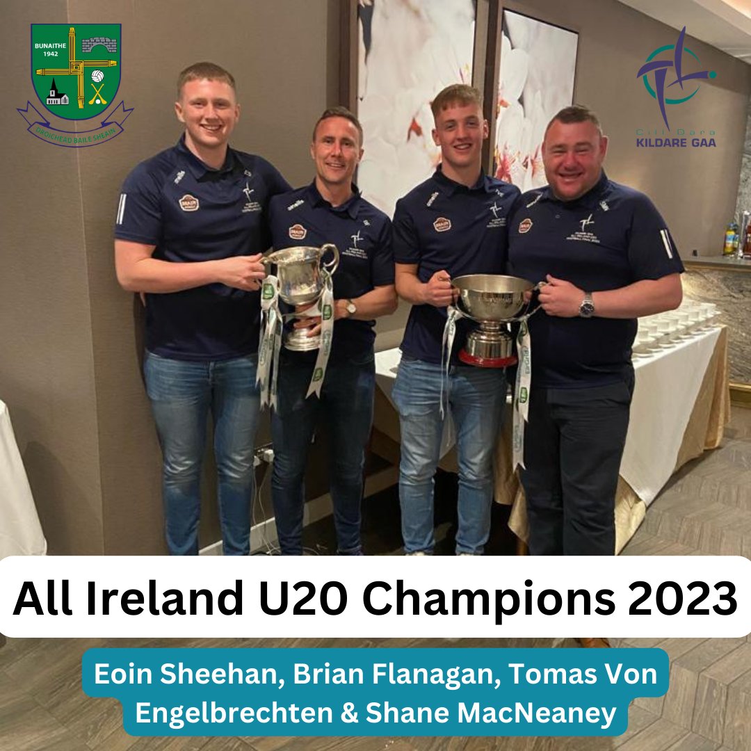 JTBGAA's tweet photo. .@KildareGAA - All Ireland U20 Football Champions 🏆 @officialgaa 

The Johnstownbridge quartet. @JTBGAA 

L-R ➡️ Eoin Sheehan, Brian Flanagan, Tomas Von Engelbrechten and Shane MacNeaney. https://t.co/xYtzDByUg8