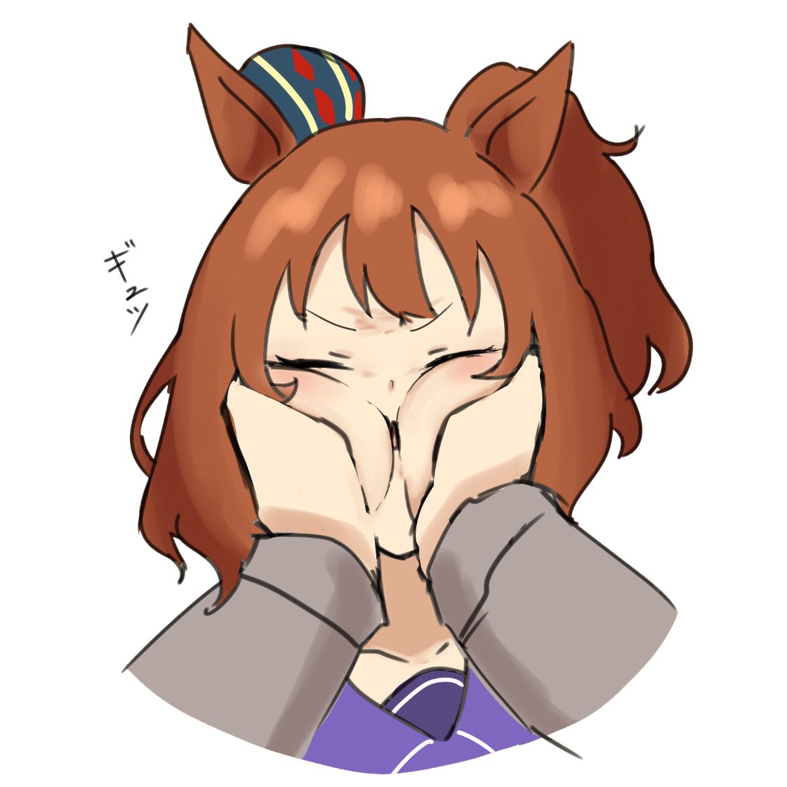 1girl animal ears horse ears closed eyes hands on another's face brown hair white background  illustration images
