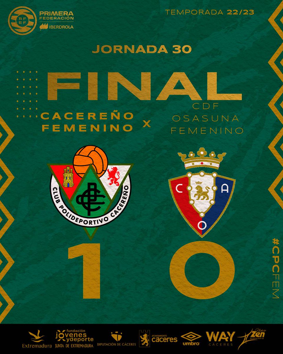 ⚽ ¡SOMOS DE PLAY OFF!

⏱️90’ | 1-0 | #CacereñoFemOsasuna
 #PrimeraFederacionFutFem
