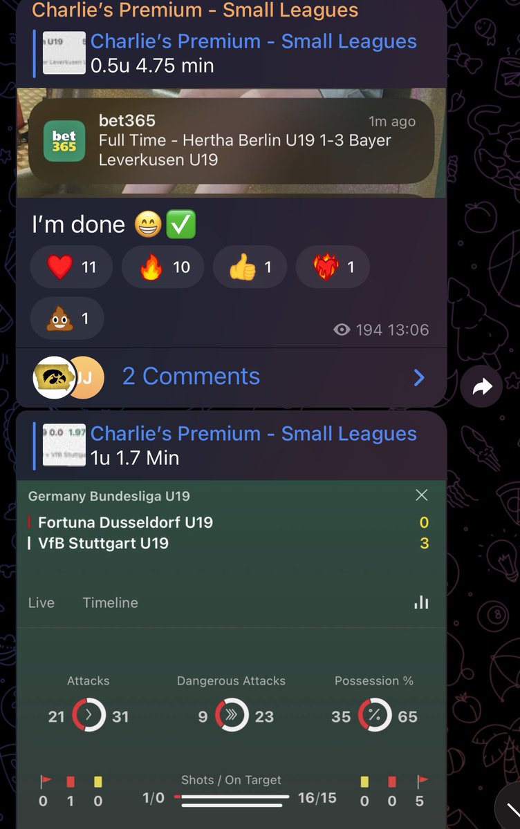 TipsterCharlie's tweet photo. The insane run on the small leagues continues as we hit the following…

4.20✅
3.20✅
5.50✅

Leverkusen U19s being the latest @ 5.5🫡

Just insane what we’re doing here.

Get involved 👇 https://t.co/2VF75fPxwE