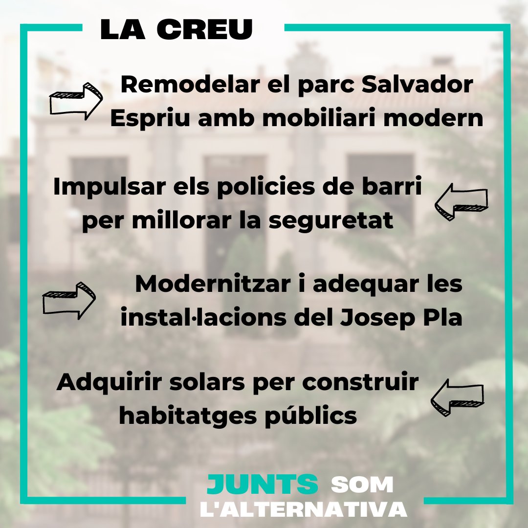 juntsxsab's tweet photo. Al barri de la Creu:

🪛Remodelar el parc Salvador Espriu amb mobiliari modern.

👮‍♂️Impulsar els policies de barri per millorar la seguretat.

🏟Modernitzar i adequar les instal·lacions del Josep Pla.

🏘Adquirir solars per construir habitatges públics.

Junts som l'alternativa! https://t.co/qjKJlrGPAJ