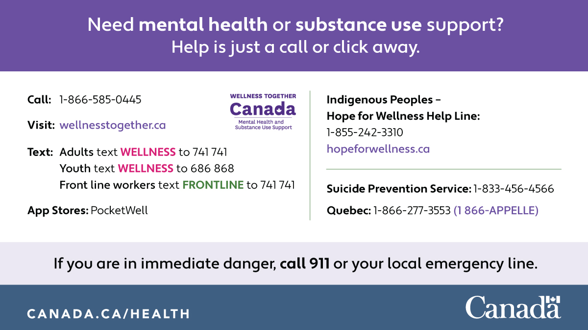 CPHO_Canada's tweet photo. You are not alone. Mental health and substance use support is always free and virtual. There is someone to listen and a range of supports are available 24/7 for people in Canada and Canadians abroad. 

Learn more: https://t.co/obMreJJXXm https://t.co/eLaLNMIG9n