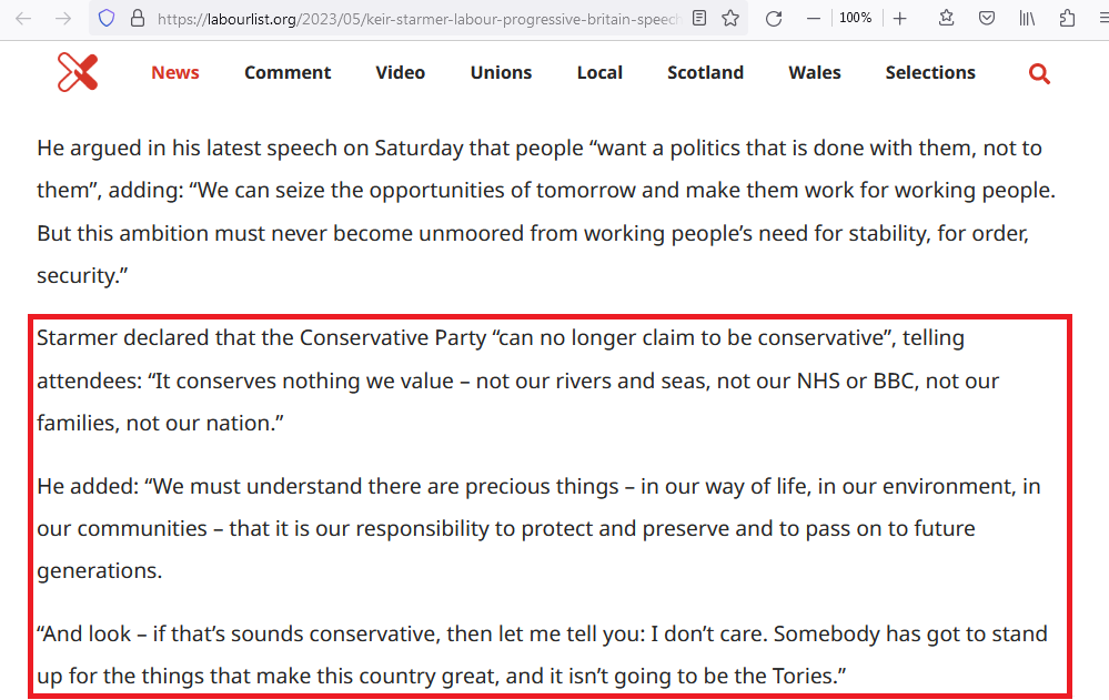 BpsmithUk's tweet photo. Lots sharing the "Starmer says Labour is now Conservative, so no choice at the next Election" lie.

Here's what he *actually said*, &amp; meant.
Labour will *Conserve* rivers, sea, NHS, BBC, family &amp; nation, as the Tories no longer do.
*Always go to source*
 https://t.co/igTD5zBJeB https://t.co/ywtrsXcmd0