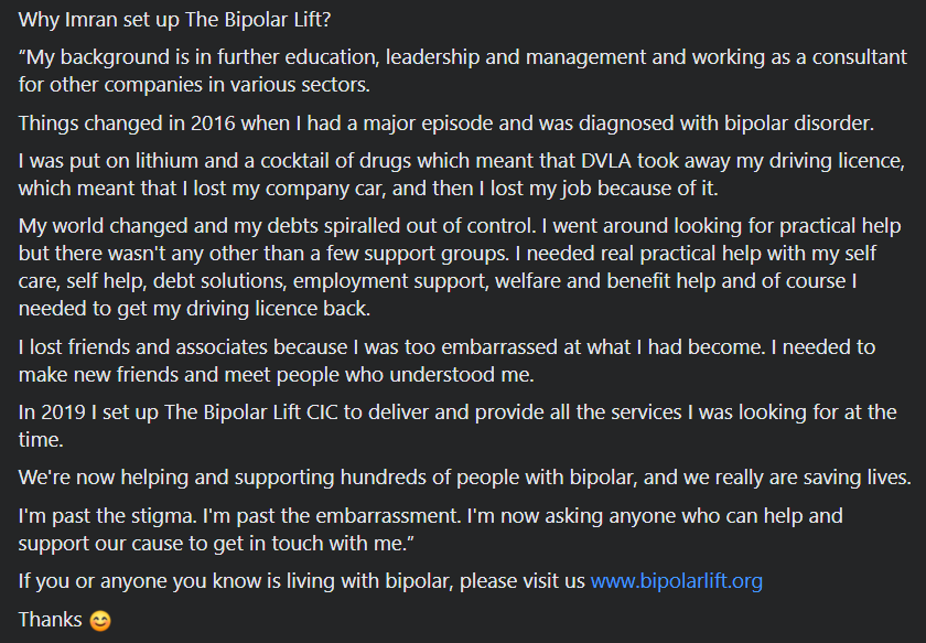 BipolarLift's tweet image. Here is a small reason to why Imran Akram Set up Bipolar Lift CIC. look below 👀⬇️⬇️
#bipolardisoder #bipolardisorderawareness #MentalHealthMatters #mentalhealth #bipolar #Notts
