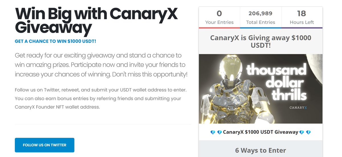 💸💸 Less than 24HR left to win $100USDT! It could be you! 💸💸

Our $1000 USDT Giveaway ends today! Get your entries in ASAP!
1️⃣ Follow <a href="/CanaryXtoken/">CanaryX ☀️</a> 
2️⃣ Like &amp; RT this tweet 🔁 
3️⃣ Tag a friend 🚀

Tick-tock, enter now! ⏰
#CanaryX #SGB #Flare #XRP #Giveaway