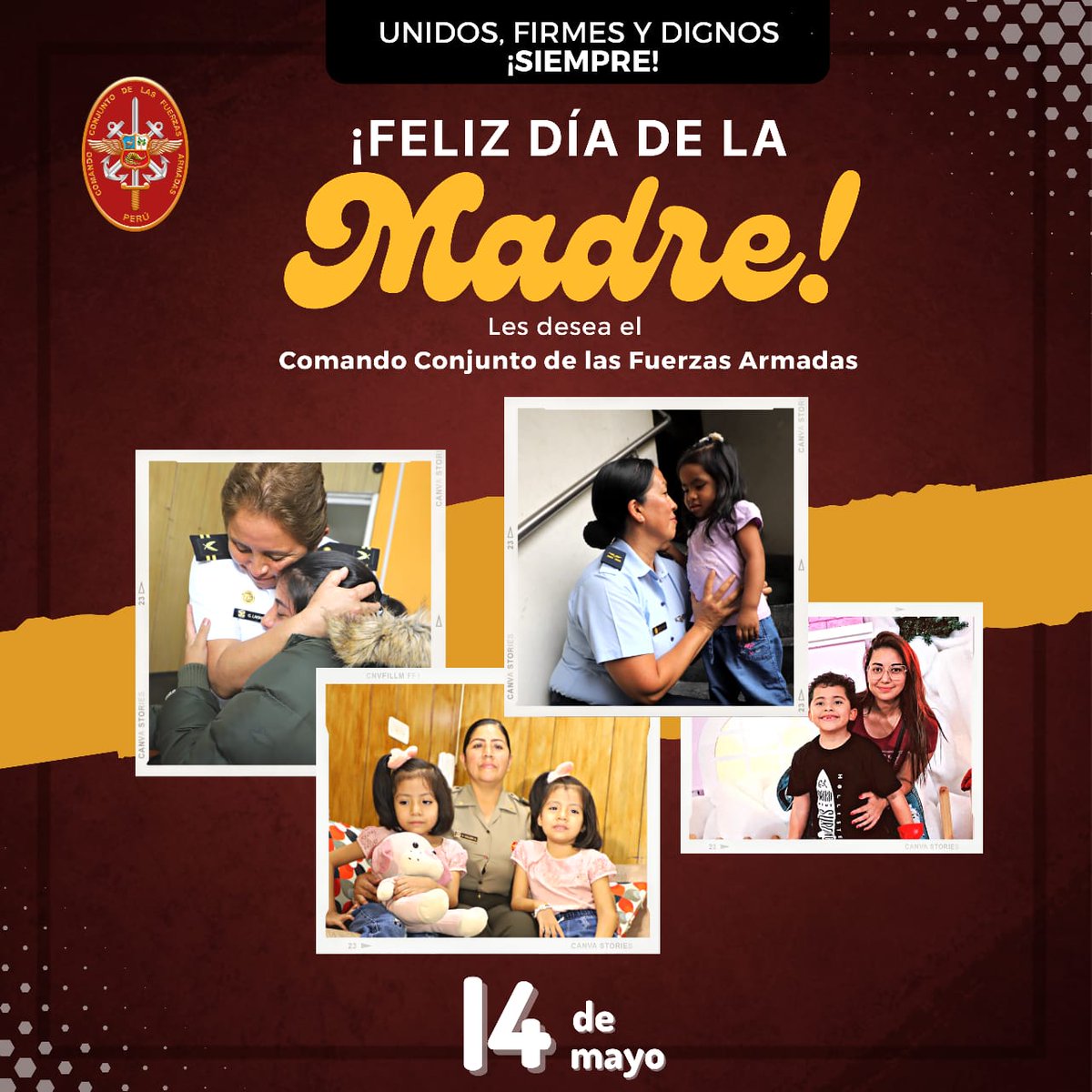 El Comando Conjunto de las Fuerzas Armadas del Perú saluda a todas las madres del Perú que, con uniforme o sin él, luchan día a día por la mejora de sus familias y de nuestra nación, con amor, abnegación y valentía. 

A todas ellas les deseamos ¡Feliz Día de la Madre!