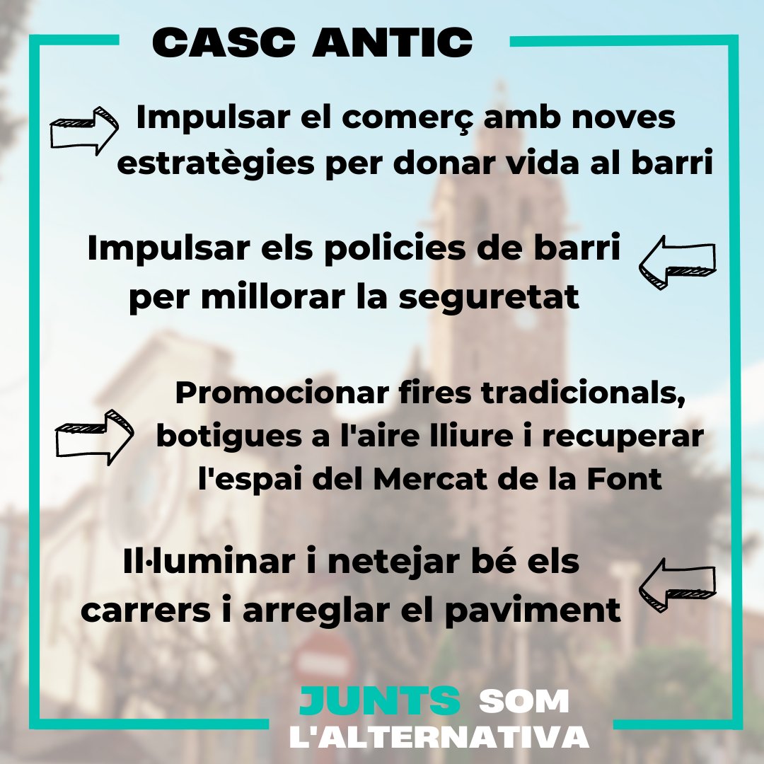 juntsxsab's tweet photo. Pel Casc Antic:

🏪Impulsar el comerç amb noves estratègies per donar vida al barri.

🎡Promocionar fires tradicionals, botigues a l'aire lliure i recuperar l'espai del Mercat de la Font.

💡Il·luminar i netejar bé els carrers i arreglar els paviments.

Junts som l'alternativa! https://t.co/p0hHzVT1IU