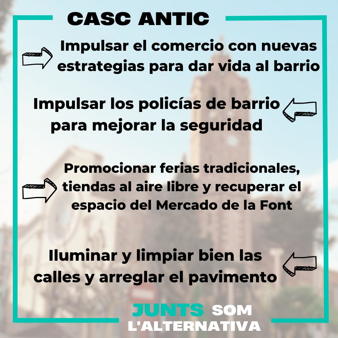 Pel Casc Antic:

🏪Impulsar el comerç amb noves estratègies per donar vida al barri.

🎡Promocionar fires tradicionals, botigues a l'aire lliure i recuperar l'espai del Mercat de la Font.

💡Il·luminar i netejar bé els carrers i arreglar els paviments.

Junts som l'alternativa!