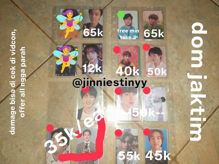 Help rt, Thankyou!!

WTS Clearance sell aab seokjin ina

📍 jaktim
✔️ share GO
⚠️ serious buyer only!!
⛔️ no hnr!!
Vidcon by dm
Mau tanya² boleh dm aku ya thankyouu!!

Want to sell wts ina seokjin photocard pc ina jin BTS butter proof sg22 BE tear her answer samsung