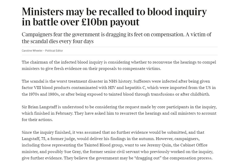HaemoSocUK_PI's tweet photo. Ministers may be recalled to @bloodinquiry in battle over compensation, reports @cazjwheeler in the Sunday Times today. #InfectedBloodInquiry https://t.co/Wp375bTifn