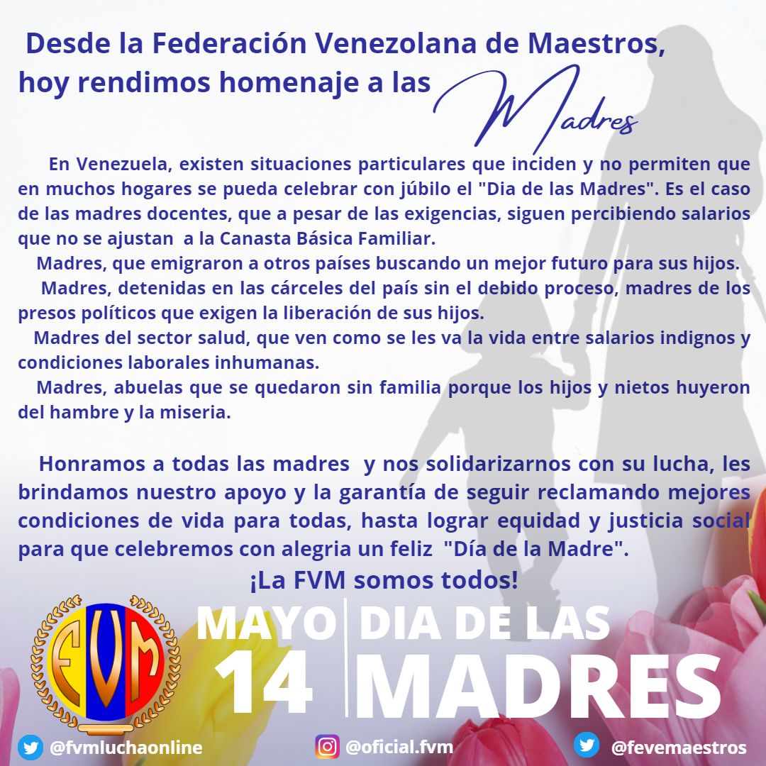 fevemaestros's tweet photo. 📢A todas las madres de Venezuela nuestras felicidades en este día dedicado a exaltar la grandeza de la mujer en el mundo, muy especial a nuestras Docentes guerreras que día a día luchan por la Libertad y la Democracia venezolana.
#FVMEnlaLucha
#DiaDeLasMadres2023 https://t.co/zoOgnLaJ9p